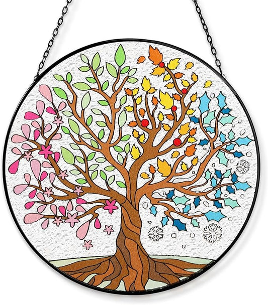Tuitessine Big Size Tree of Life Stained Glass Suncatcher Four Season Theme Colorful Leaves Wall Window Hanging Ornament Hand-Painted Glass Panel Gift for Women Christmas Thanksgiving Gift 7.9 × 7.9”