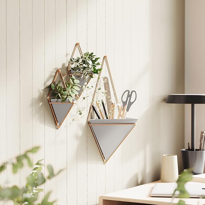 Umbra Trigg Hanging Planter Vase & Geometric Wall Decor Containers-for Succulents, Air, Mini Cactus, Faux Plants and More, Large, Concrete/Copper (Pack of 4)