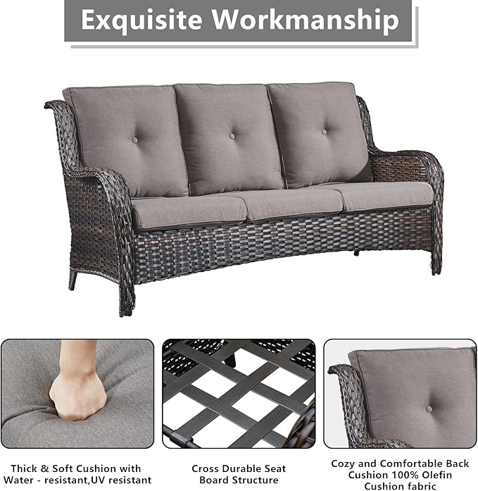 Outdoor Wicker Patio Furniture Set - 6 Piece Rattan Patio Conversation Set with 2 Rocking Swivel Chairs,2 Ottomans,1 Sofa and 1 Side Table for Porch Deck Backyard Garden(Brown/Grey)