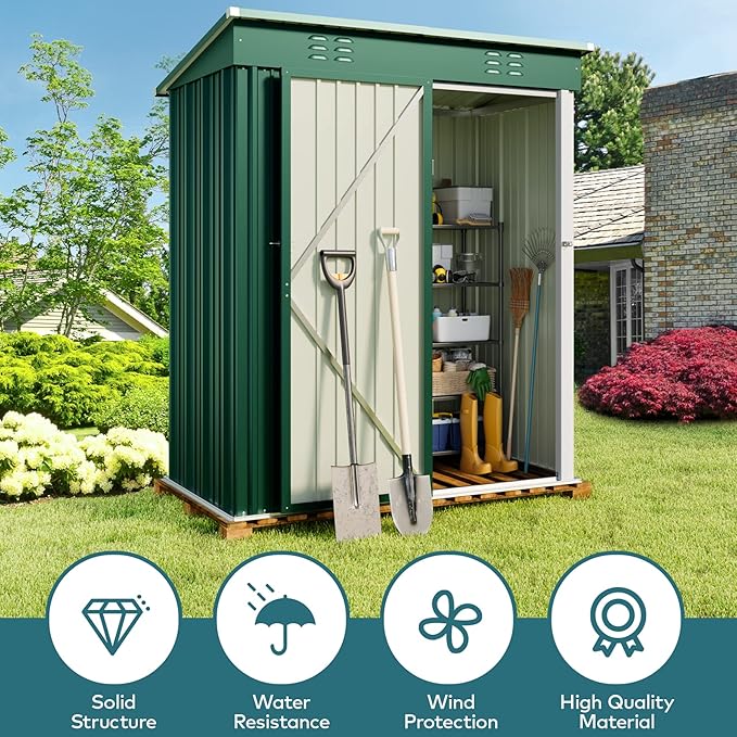 Gizoon 5' x 3'Outdoor Storage Shed with Singe Lockable Door,Galvanized Metal Shed with Air Vent Suitable for The Garden,Tiny House Storage Sheds Outdoor for Backyard Patio Lawn-Green
