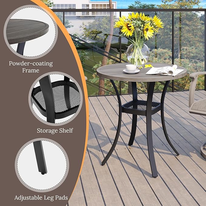 VICLLAX 27.5" Outdoor Round Patio Table for Lawn Garden, All Weather Metal Round Patio Dining Table with Storage Shelf, 2 Person Small Patio Table, Grey Wood-Like Tabletop