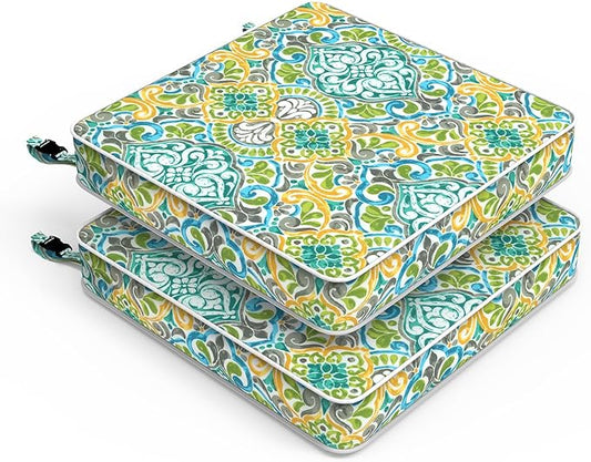 LVTXIII Patio Chair Cushions 22"x22"x3", Water-Repellent Outdoor Seat Cushions for Patio Furniture, Square Chair Pads with Ties for Home Garden Decoration, Set of 2, Damask Green