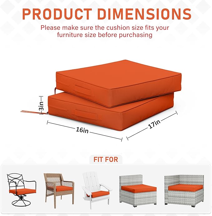 Patio Chair Cushions 17 X 16 X 3 Inch Waterproof Outdoor Seat Cushions for Patio Furniture, Outdoor Sofa Couch Pads with Ties & Handle, Set of 2, Orange