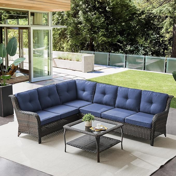Outdoor Furniture Sectional Sofa L Shaped Couch - Patio Wicker Set with Coffee Table, 3 Piece Rattan Patio Conversation Sets with Blue Cushion for Deck Backyard Sunroom Blue Cushion