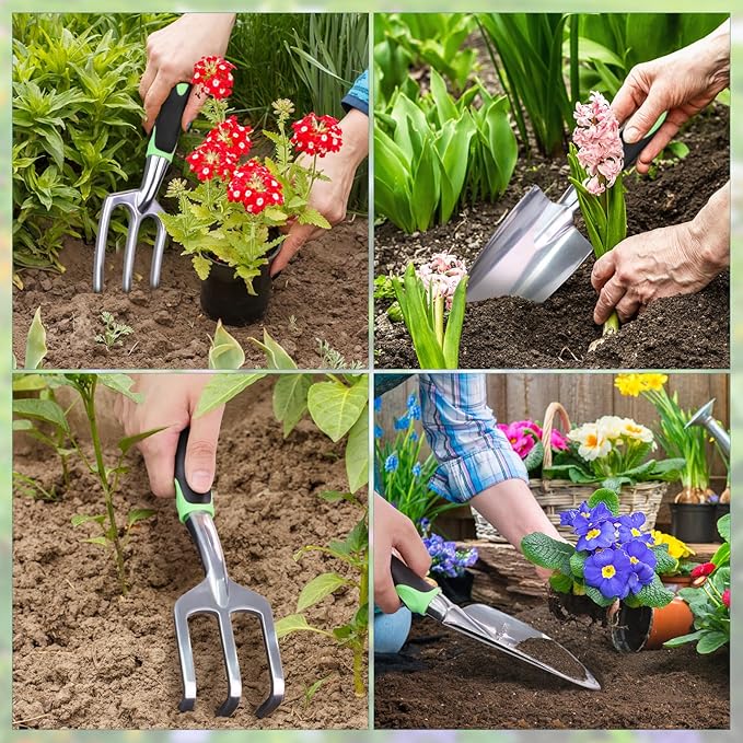 sungwoo Garden Tool Set 10 Piece, Heavy Duty and Lightweight Aluminium Alloy Tools with Ergonomic Handle, Sturdy Storage Tote Bag, Gardening Hand Tools, Gardening Gift for Women and Men Green