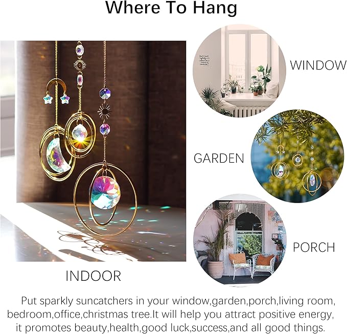 Set 3 Crystal Hanging Decorations - Sun & Moon Rainbow Crystal Suncatcher Window Car Hanging Prisms Ornament Pendant,Boho Love Wall Decoration,Home Garden Decor Gift
