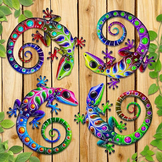 ULENDIS 4 Pack Metal Gecko Wall Decor, 7.8 Inch Lizard Outdoor Wall Art Fence Decorations for Patio and Yard, Colorful Hanging Decoration for Garden Living Room Bedroom Patio Balcony