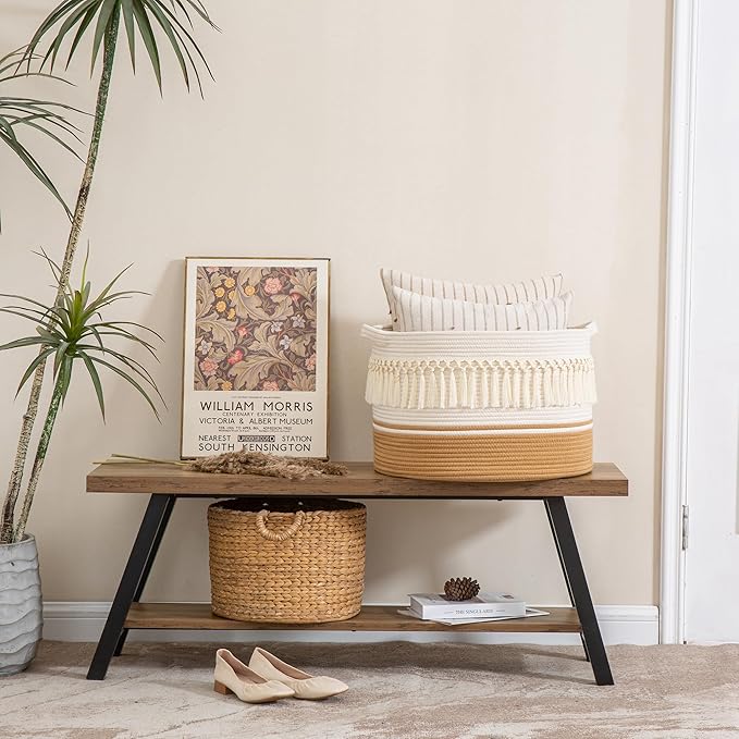 KAKAMAY Large Blanket Basket (20"x13"),Woven Baskets for storage Baby Laundry Hamper, Cotton Rope Blanket Basket for Living Room, Laundry, Nursery, Pillows, Baby Toy chest (Brown Fringe)