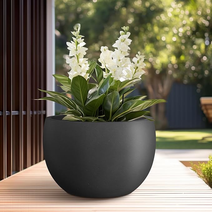 Kante 19.9" Dia Round Concrete Planter, Outdoor/Indoor Large Bowl Plant Pots with Drainage Hole and Rubber Plug for Garden Patio Balcony Home, Black