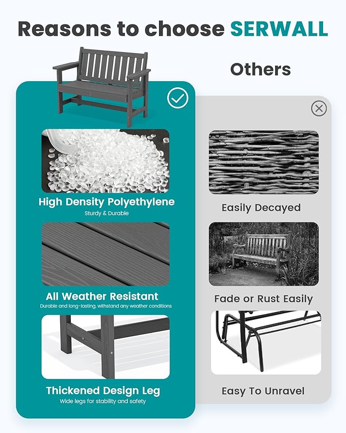 SERWALL Outdoor Bench, HDPE Outdoor Benches Weatherproof, 2-Person Garden Bench with 660 lbs Weight Capacity, Patio Benches for Outdoors, Garden, Porch, Backyard and Park, Grey