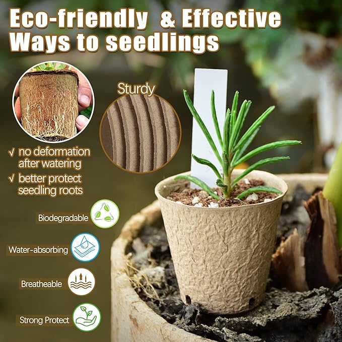 Peat Pots, 34 Pack 3.15 Inch Biodegradable Planting Peat Pots for Seedlings, Garden Plant Seed Starter Pots with Drainage Holes Seed Starting Pots for Organic Vegetable Flower, Bonus 34 Plant Labels