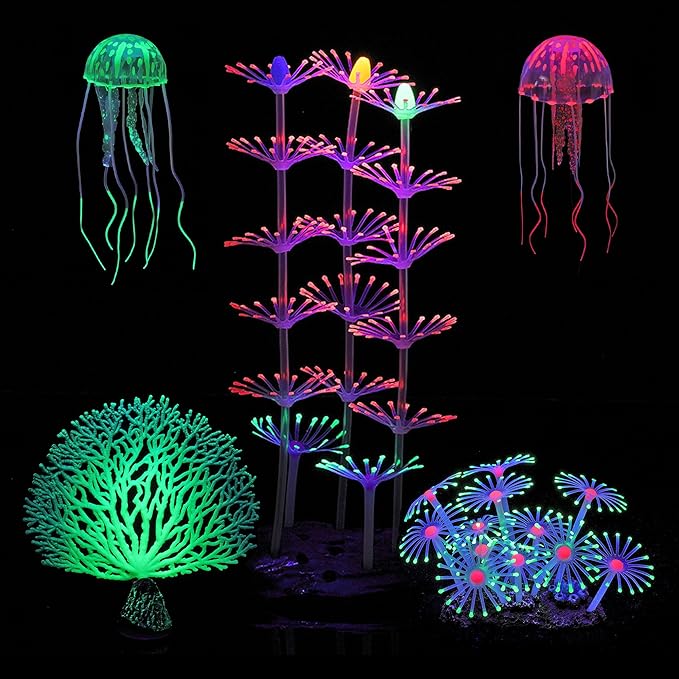 Lpraer 5 Packs Glow Aquarium Decorations Branch Coral Tree Glowing Jellyfish Simulation Glow Plant Glowing Effect Silicone for Fish Tank Decorations
