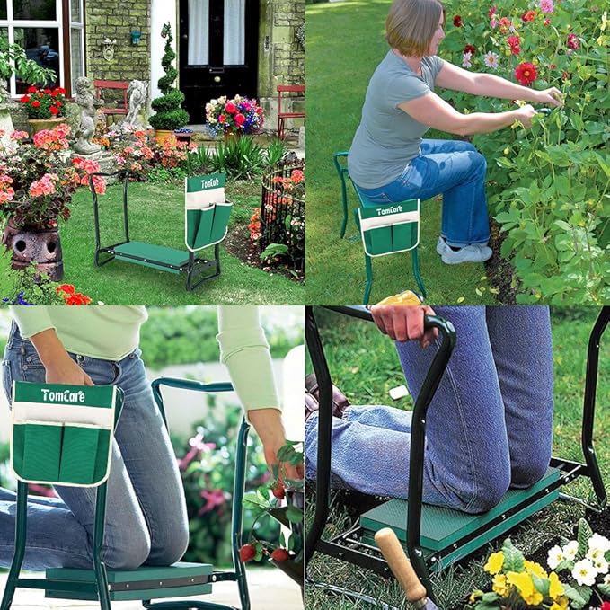 TomCare Garden Kneeler Seat Garden Bench Garden Stools Foldable Stool with Tool Bag Pouch EVA Foam Pad Outdoor Portable Kneeler for Gardening(Large-21.65" x 10.62" x 18.89", Green)