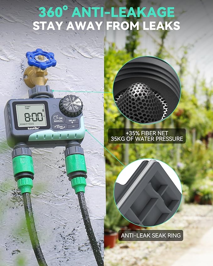 RAINPOINT 2 Zone Sprinkler Timer - 2pcs Water Timer for Garden Hose with Rain Delay/Manual Watering/Automatic Irrigation Controller System - Water Hose Timer Programmable Faucet Timer for Yard Lawn