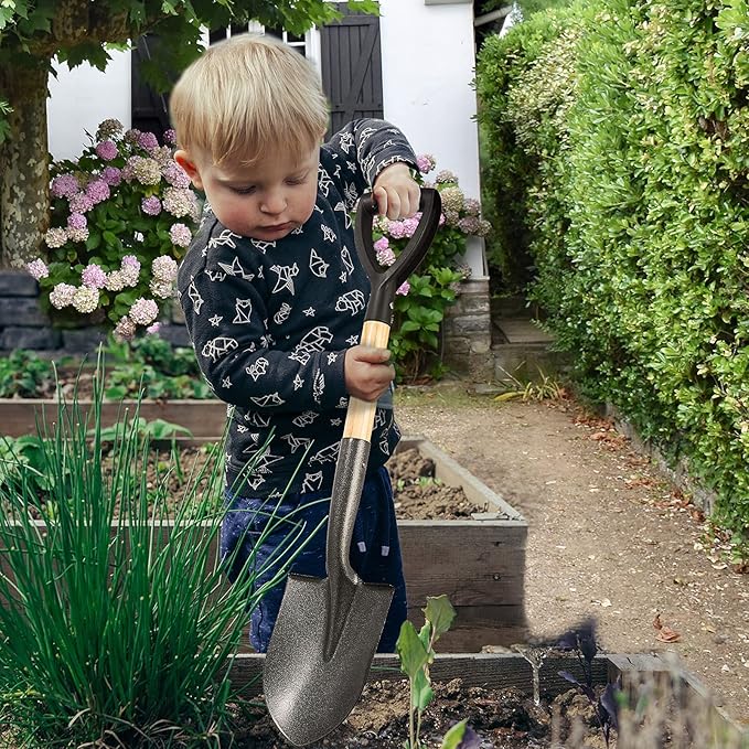 Shovel for Digging 28 In Small Round Shovel with D Handle Kids Metal Beach Shovel,Camp Shovel ,Garden Shovel ,Gardening Tools Wooden Handel, Yellow Wood, 28In