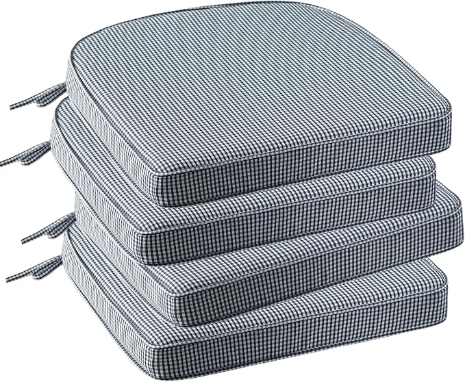 Outdoor Round Corner Seat Cushion, 17"x16"x2", Set of 4, Non Slip Seat Cushion Pads with Removable Cover for Patio Furniture, Garden Yard Lawn, Black White Mini Check