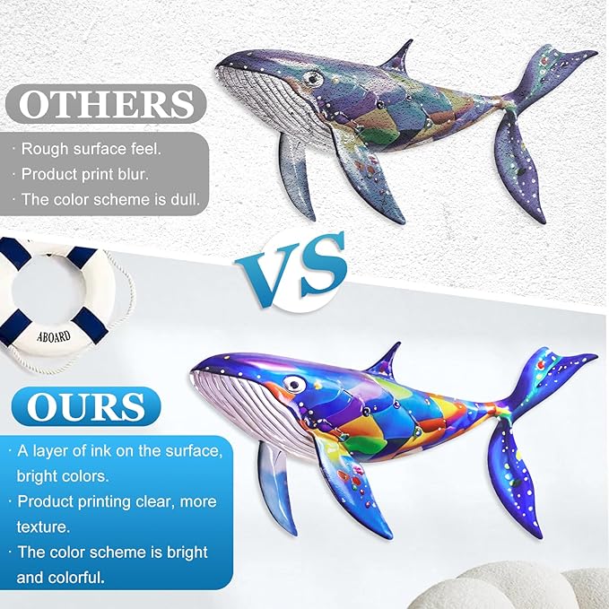 ULENDIS 2 Pack Metal Whales Wall Decor, Bright Color Nautical Metal Fish Wall Art, Wall Hanging Decorations Ocean Theme Outdoor Wall Decor for Patio Garden Yard Pool Fence