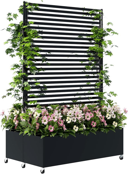 Double Metal Planter Box with Trellis Privacy Screen, Raised Garden Bed with Trellis & Wheels, Planter Box Outdoor with Drainage Holes for Climbing Plants, Vegetable, Vines,73"x 47"x 30", Black