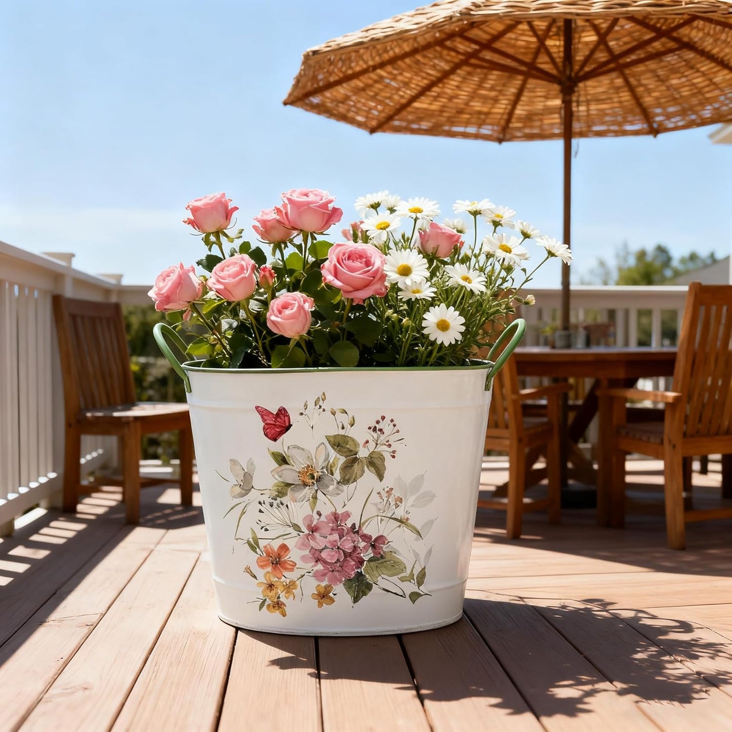 Set of 3 Vintage Floral Butterfly Metal Planter Pots, Decorative Flower Buckets with Handles, Rustic Farmhouse Plant Containers for Indoor Outdoor Gardening, Succulents, Herbs, Home Decor