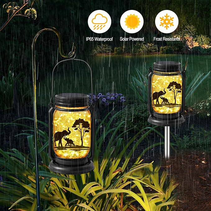 2 Pack Outdoor Hanging Solar Lanterns, Elephants Vintage Glass Mason Jar Fairy Lights, Mothers Day Gifts for Women Mom Grandma, Waterproof Garden Lights for Patio Yard Lawn Tree Party Decor