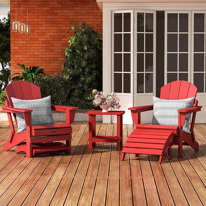 SERWALL Folding Adirondack Chair Footstools Set of 2, Adirondack Ottomans Without Assembly, Red