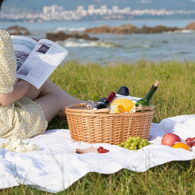 Wicker Picnic Basket with Double Folding Handles, Natural Large Willow Hamper Empty Basket Cheap Easter Eggs Candy Storage Wine Basket for Toy, Flower, Wedding(White 16inch)