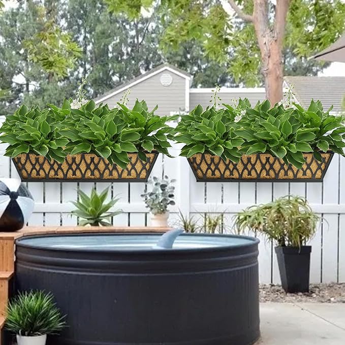2 Pack 30 Inch Window Boxes Planters Railing Planter Box with Adjustable Brackets for Porch Fence Patio Balcony Hanging Flower Baskets with Coco Liners for Outdoor Garden Decor - Black