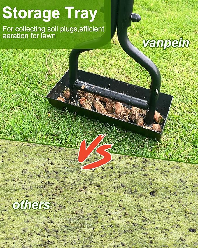 Lawn Aerator Coring Garden Tool with Soil Core Storage Tray, Manual Yard Plug Aerators & Clean Tool, Grass Aeration Gardening Tools with 3 Tines for Lawn Care, Compacted Soil, 37.6”