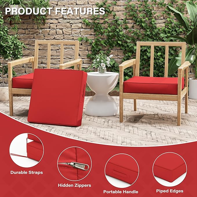 Patio Chair Cushions 22 X 22 X 4 Inch Waterproof Outdoor Seat Cushions for Patio Furniture, Outdoor Sofa Couch Pads with Ties & Handle, Set of 2, Red