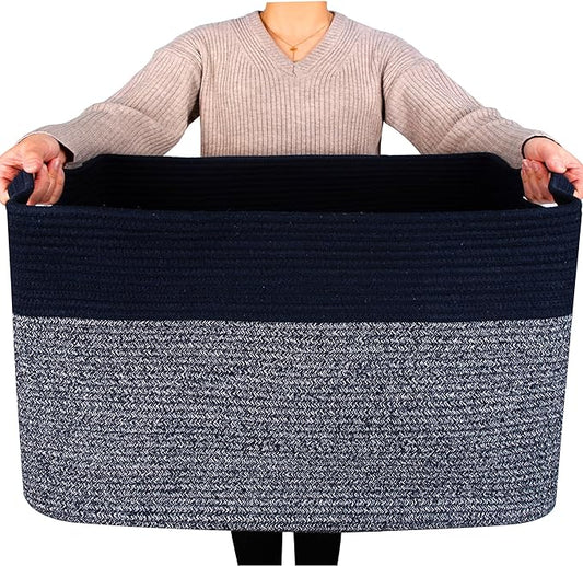 MINTWOOD Design 22in Extra Large Blanket Basket Holder for Living Room, Rectangle Rope Woven Storage Bin with Handles for Laundry, Pool Towels, and Shoes, Dog Toy Box Organizer, Navy Blue