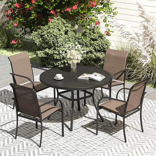 VICLLAX Patio Dining Set for 4, Outdoor Furniture Set Includes 41.2" Round Patio Table and 4 Patio Sling Chairs, Black Tabletop and Brown Fabric