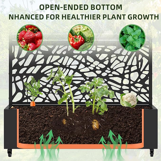 Casaphoria Metal Raised Garden Bed with Trellis and Wheels, 72"x47"x16" Planter Box for Climbing Plants, Vegetables & Vines, Features Drainage Holes and Privacy Screen, Black(Parallel&Louvered)