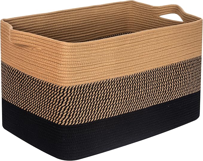 MINTWOOD Design 22in Extra Large Blanket Basket Holder for Living Room, Rectangle Rope Woven Storage Bin with Handles for Laundry, Pool Towels, and Shoes, Dog Toy Box Organizer, Black Jute