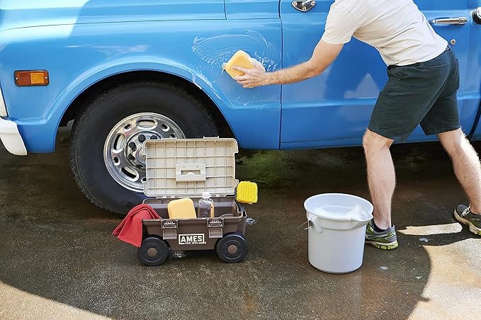 AMES 20213200 Rolling Lawn & Garden Storage Cart for Storing Tools & Cleaning Supplies, Lid Doubles as Seat, 225 lb. Weight Capacity