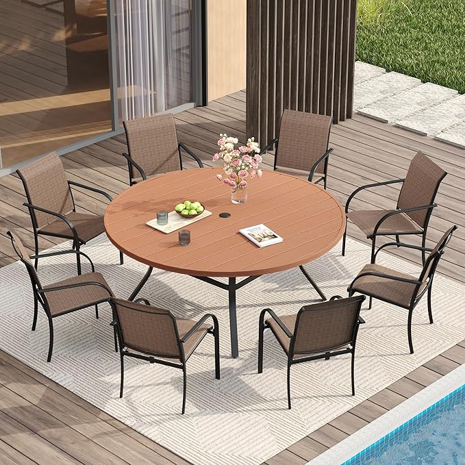 VICLLAX Patio Dining Set for 8, 9 Pieces Outdoor Furniture Set Includes 56.3" Round Patio Table and 8 Patio Stackable Chairs, Outdoor Table and Chairs for Outsides, Walnut Tabletop and Brown Fabric