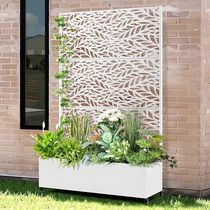 Raised Garden Bed with Trellis and Wheels,73"x47"x16" Metal Raised Garden Bed,White Flowing Leaf Metal Planter with Climbing Trellis for Vines & Vegetables