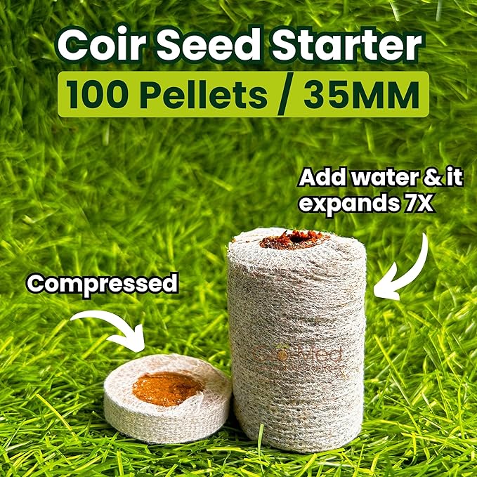 Gro-Med Organic Coco Coir Seed Starter Pellets NPK Enriched 100 Pcs, 35mm Perfect to Grow Herbs, Vegetables, Flowers Seedling, Compressed Coconut Coir Soil Plugs for Seed Germination - OMRI