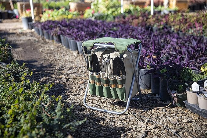 ONIVA - a Picnic Time brand Gardener Folding Seat with Tools, Garden Stool with Detachable Storage Tote Bag, Portable Chair Seat with Garden Tools Set Organizer, Olive Green with Beige Accents