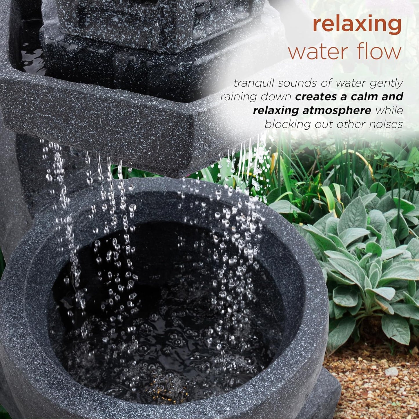 Alpine Corporation DIG370 31" Outdoor Zen Pagoda Water Fountain with LED Lights & Illuminated Stone Bowl – Tranquil Garden Water Feature for Relaxation and Ambiance, Gray