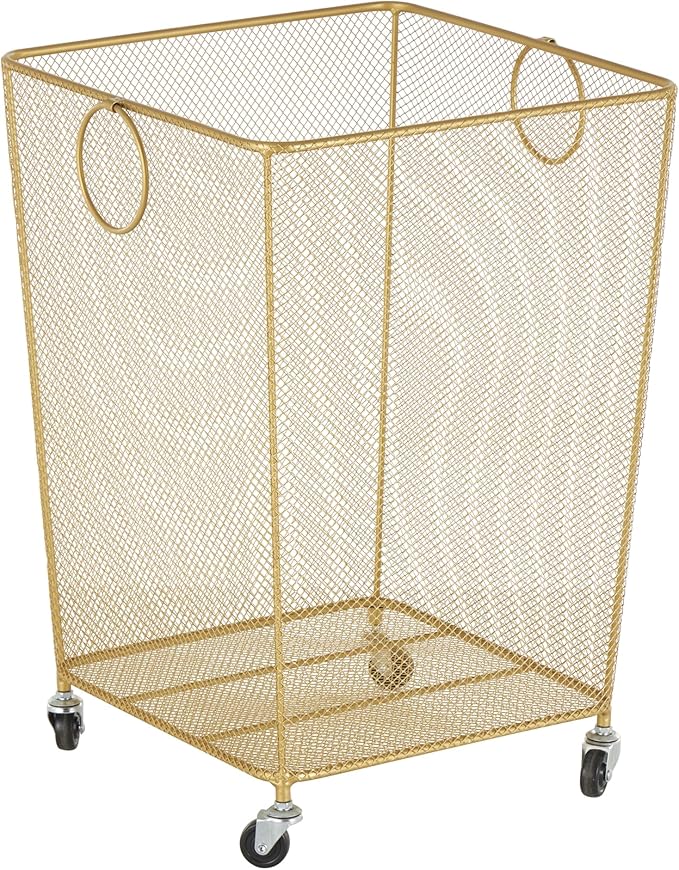 Deco 79 Metal Storage Cart Square Mesh Wire Rolling Laundry with Ring Handles, 17" x 16" x 24", Gold