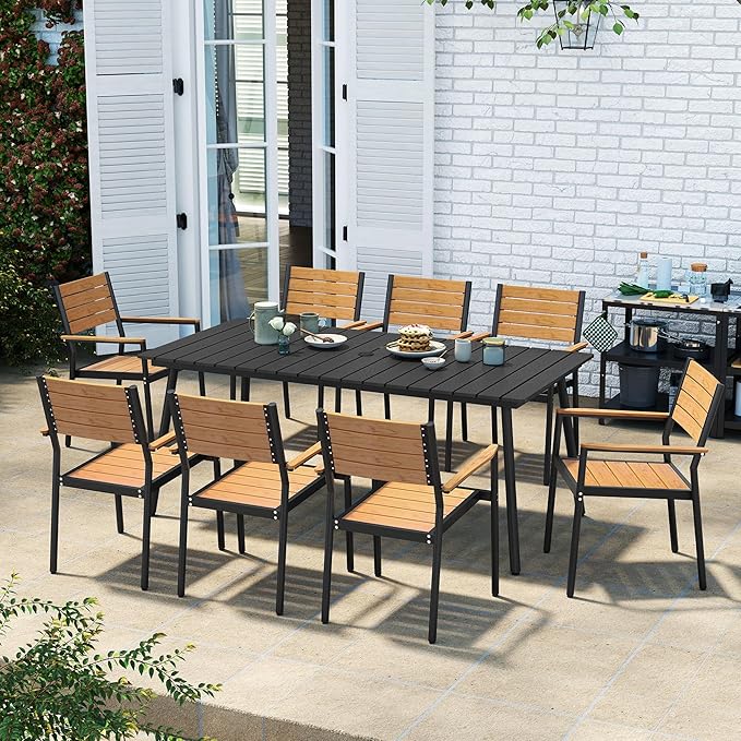 Outdoor Dining Table for 6, 70inch Patio Dining Table with Wooden-Like Top and Aluminum Frame, Rectangular Table with Umbrella Hole Outdoor Furniture, Only Table, Black
