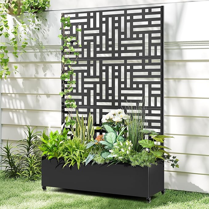 Raised Garden Bed with Trellis and Wheels,73"x47"x16" Metal Raised Garden Bed,Black Modern Metal Planter with Climbing Trellis for Vines & Vegetables