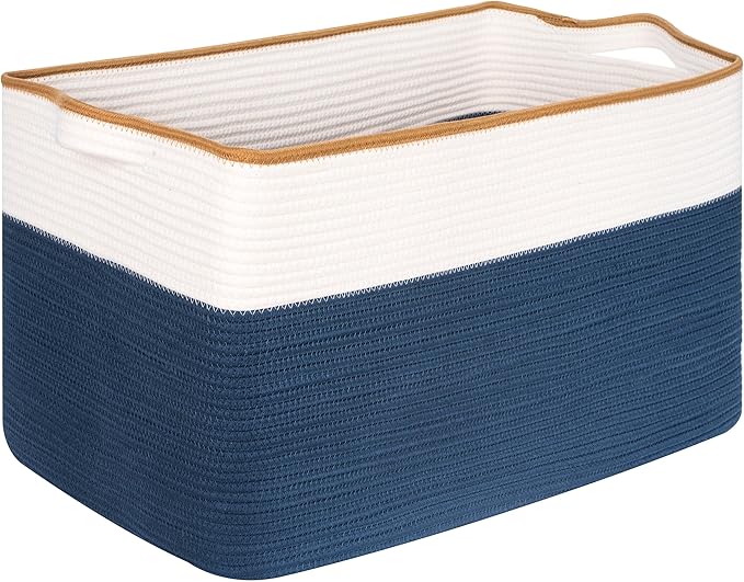 MINTWOOD Design 22in Extra Large Blanket Basket Holder Living Room, Rectangle Rope Woven Storage Basket with Handles for Laundry, Pool Towels, and Shoes, Dog Toy Organizer Bin Box, Prussian Blue