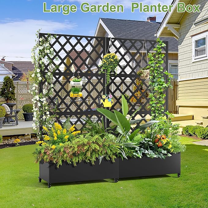 Metal Planter Trellis Box with Wheels & Drain Plug Outdoor Raised Garden Bed Patio Privacy Screen with Planter for Climbing Plants, Vegetables 73"x35"x16" Black-Diamond