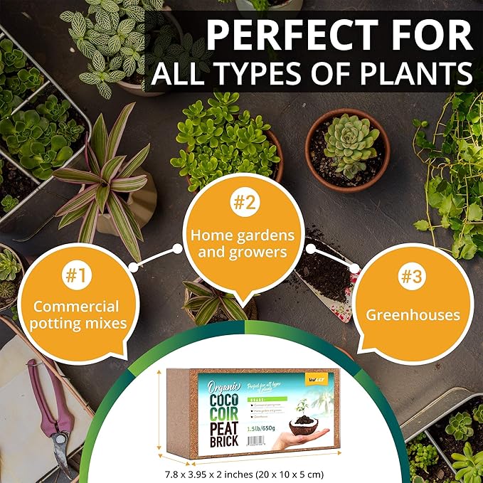 Compressed Coco Coir, 5 Pack Organic Coconut Coir, 1.4 Lbs Coco Brick, Coconut Soil with Low EC & pH Balance, Fiber for Herbs & Flowers, High Expansion, Renewable Soil for Planting