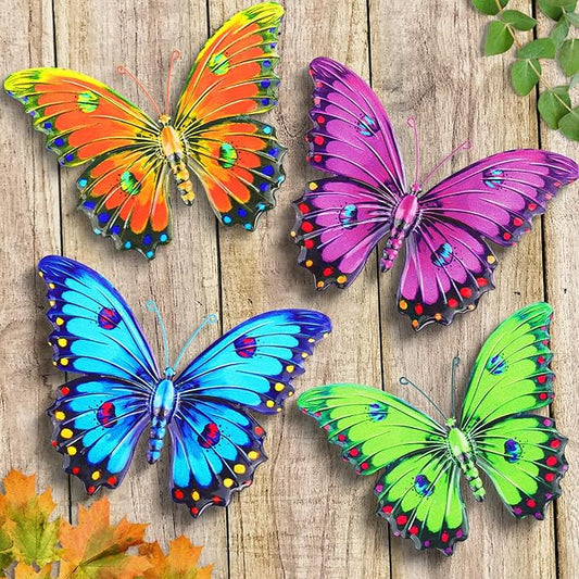 ULENDIS Metal Butterfly Wall Decor, 9.6" 3D Outdoor Fence Wall Art Decor, Hanging Decoration for Garden Backyard Living Room Balcony Patio Indoor, Gift for Mom Kids Family Friends(4 Pack)