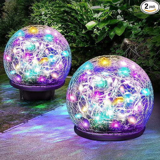 2 Pack 60 LED Garden Solar Lights Outdoor Decorative, Colored Cracked Glass Solar Globe Lights, Upgraded Waterproof Multicolor Ball Lights for Yard Pathway Patio Lawn Outside Decor