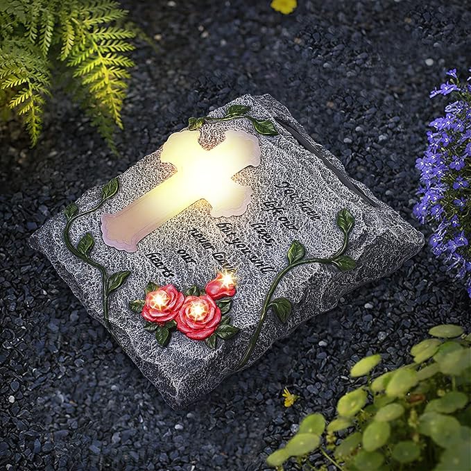 Cross Solar Lights Outdoor Garden Memorial Stepping Stone, IP65 Waterproof is Used for Walls or Lawns, A Touching Memorial Gift & Condolence Gifts Grave Decorations for Cemetery