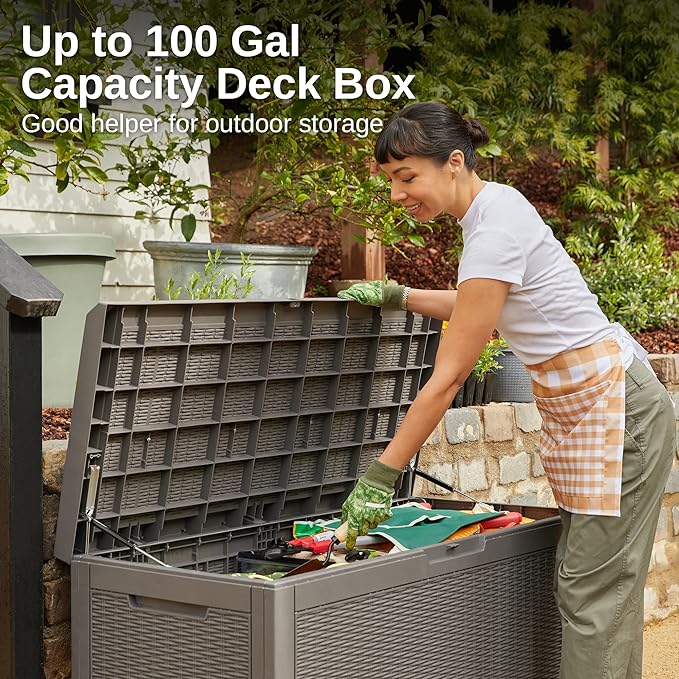 EAST OAK Outdoor Storage Box, 100 Gallon Deck Box, Waterproof Resin Storage Bench for Patio Cushions, Gardening Tools, Pool Accessories, Lockable, UV Resistant, Grey