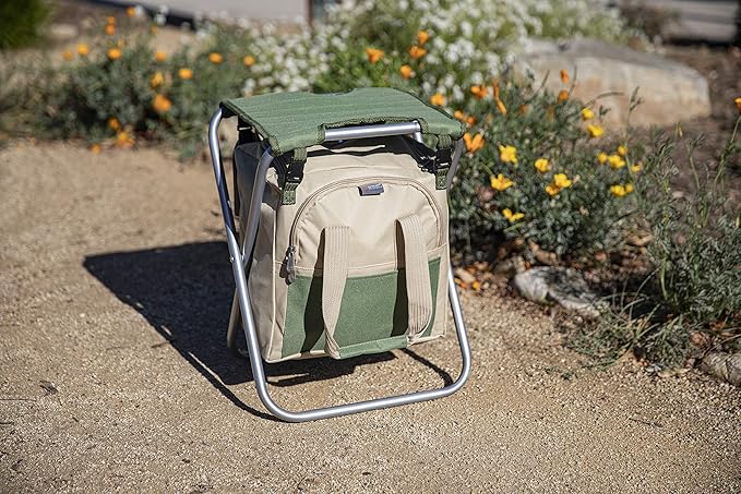 ONIVA - a Picnic Time brand Gardener Folding Seat with Tools, Garden Stool with Detachable Storage Tote Bag, Portable Chair Seat with Garden Tools Set Organizer, Olive Green with Beige Accents
